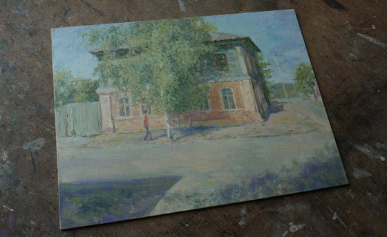 The sunny September day in Yelets - autumn cityscape painting