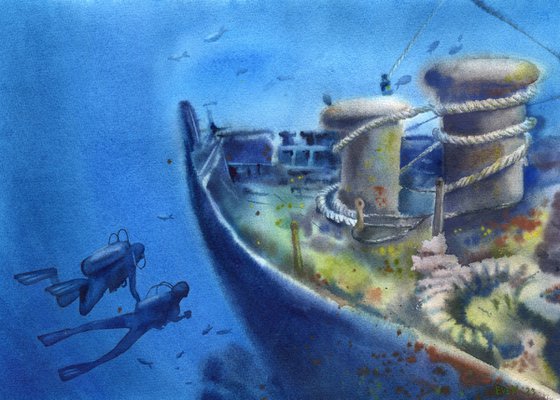 Divers under water near the sunken ship. Original artwork.