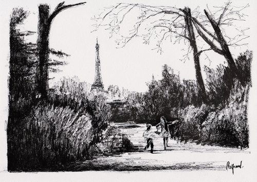 Paris 119 - The children, the park and the Eiffel tower by NJ Paintings