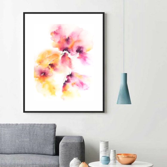 Pink yellow flowers, abstract floral bouquet, watercolor painting "Spring spirit"