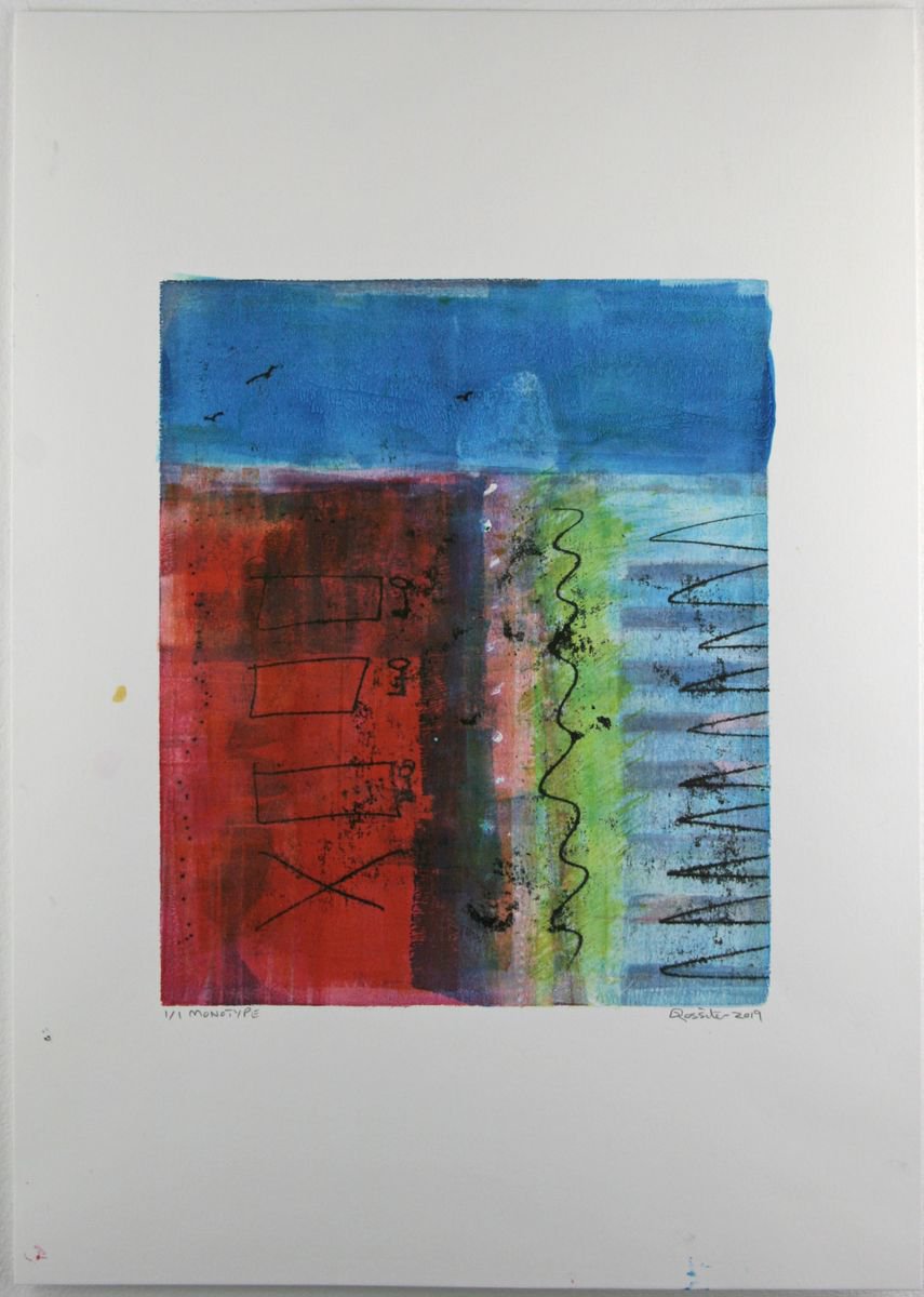 Coastal Holidays - Unframed A3 Original Signed Monotype & Oil Transfer by Dawn Rossiter