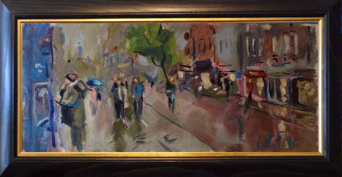 Impressionistic Cityscapes Oil Painting By Andre Pallat, 28 X 14, At The Cash Machine, Original Artwork