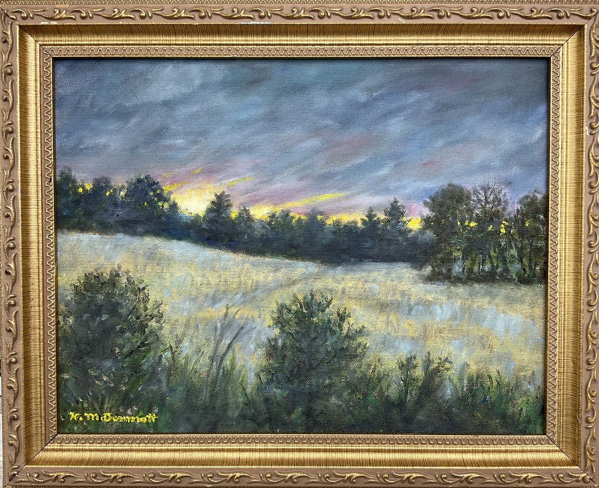 Impressionistic Landscape Oil Painting By Kathleen Mcdermott, 16 X 13", Hayfield Sunrise, Original Artwork