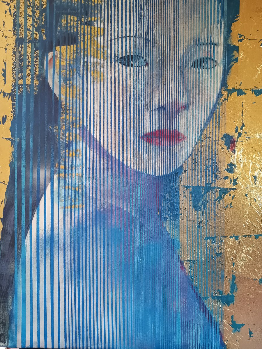 Expressive Portrait Acrylic Painting By Marina Del Pozo, 31 X 39", Blue Gheisa, Original Artwork