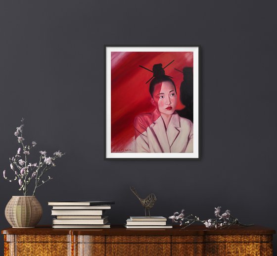 Japanese woman portrait in red colors