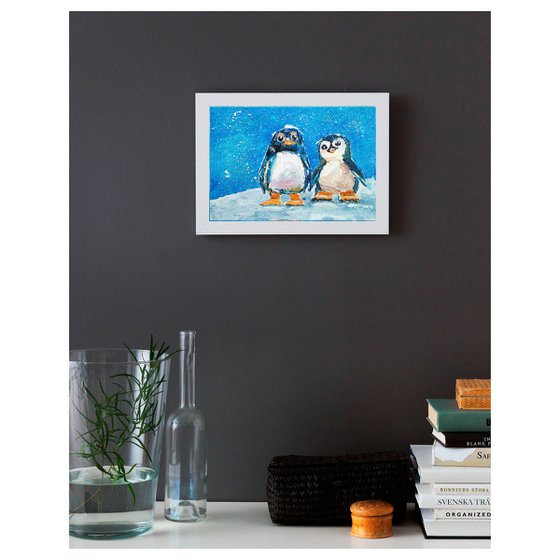 Penguin Couple Bird Small Artwork Snow Landscape