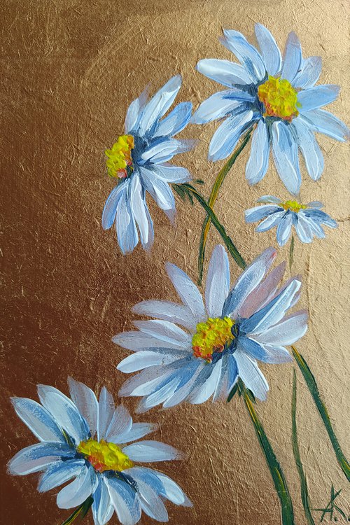 Chamomile flowers - acrylic, flowers, painting, chamomile, chamomile acrylic painting, small painting by Anastasia Kozorez