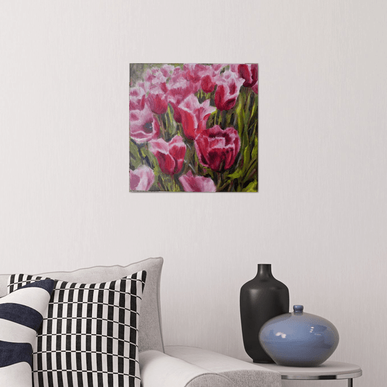 Tulips.  --- (Floral gift idea, bright spring home decor, oil original painting square canvas 40x40cm)