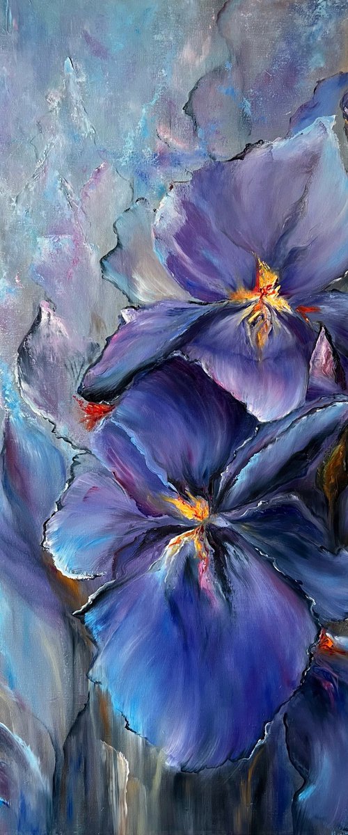 The mystery of irises - oil painting, original gift, home decor, Flowering, Spring, Leaves, poster, Bedroom, Living Room, Meditation, Lilac, Blue Flower, Lilac, Rainbow, Bright Flowers by Natalie Demina