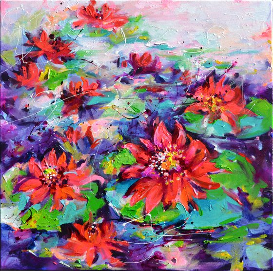 Red Water Lilies Floating on the Pond