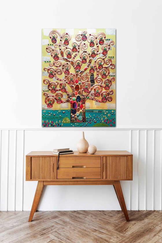 The Pomegranate Tree. Relief textured golden painting with precious stones