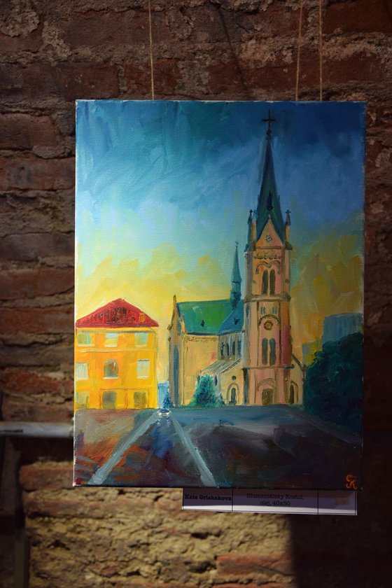 Oil painting Church Blumental in Bratislava, sunset in Slovakia