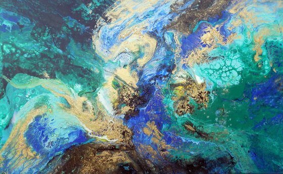 Αbstract painting art blue green gold metallic - Deep river