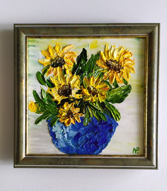 Sunflowers, original impasto flower oil painting, Gift, small framed art