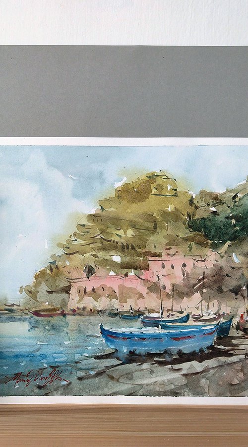 The famous clifftop town of Positano, watercolor painting on paper, 2023 by Marin Victor