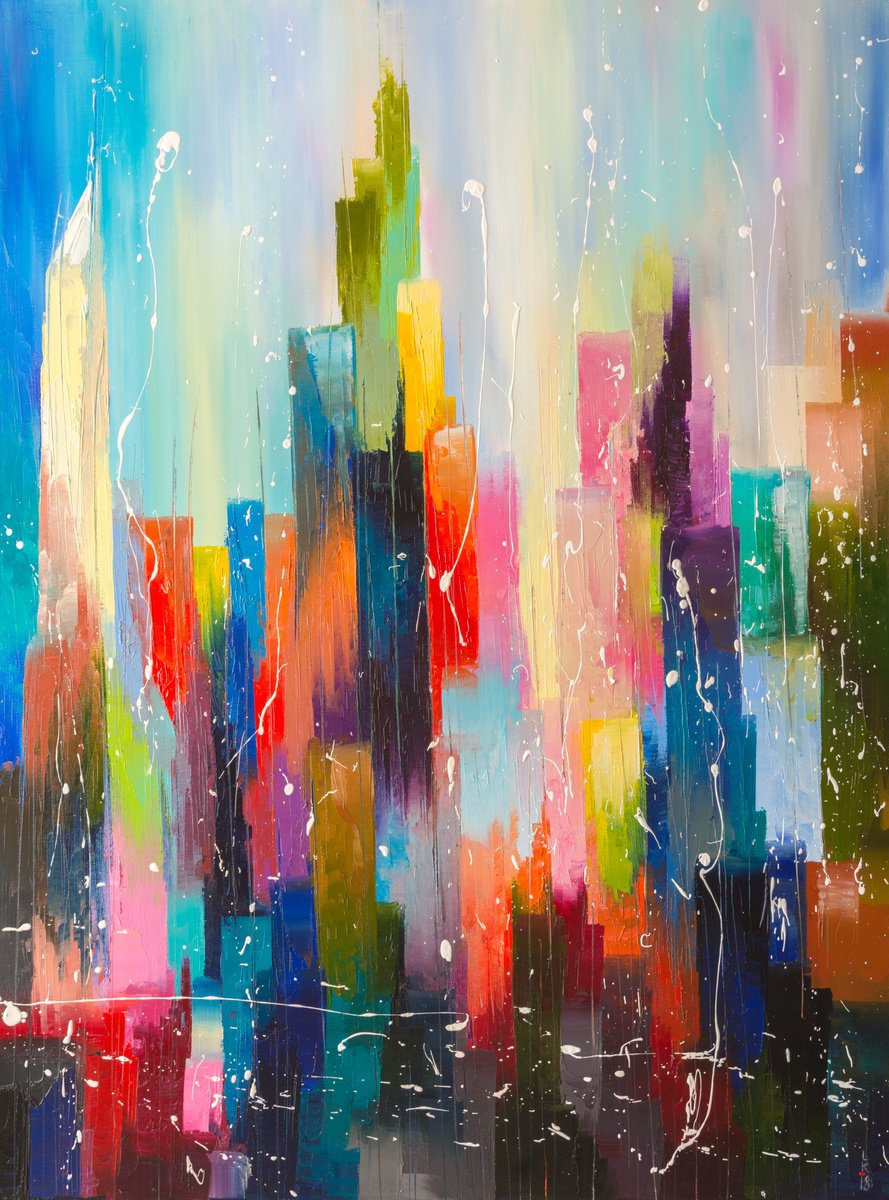 Abstract Cityscapes Oil Painting By Liubov Kuptsova, 24 X 31", Downtown Iii, Original Artwork