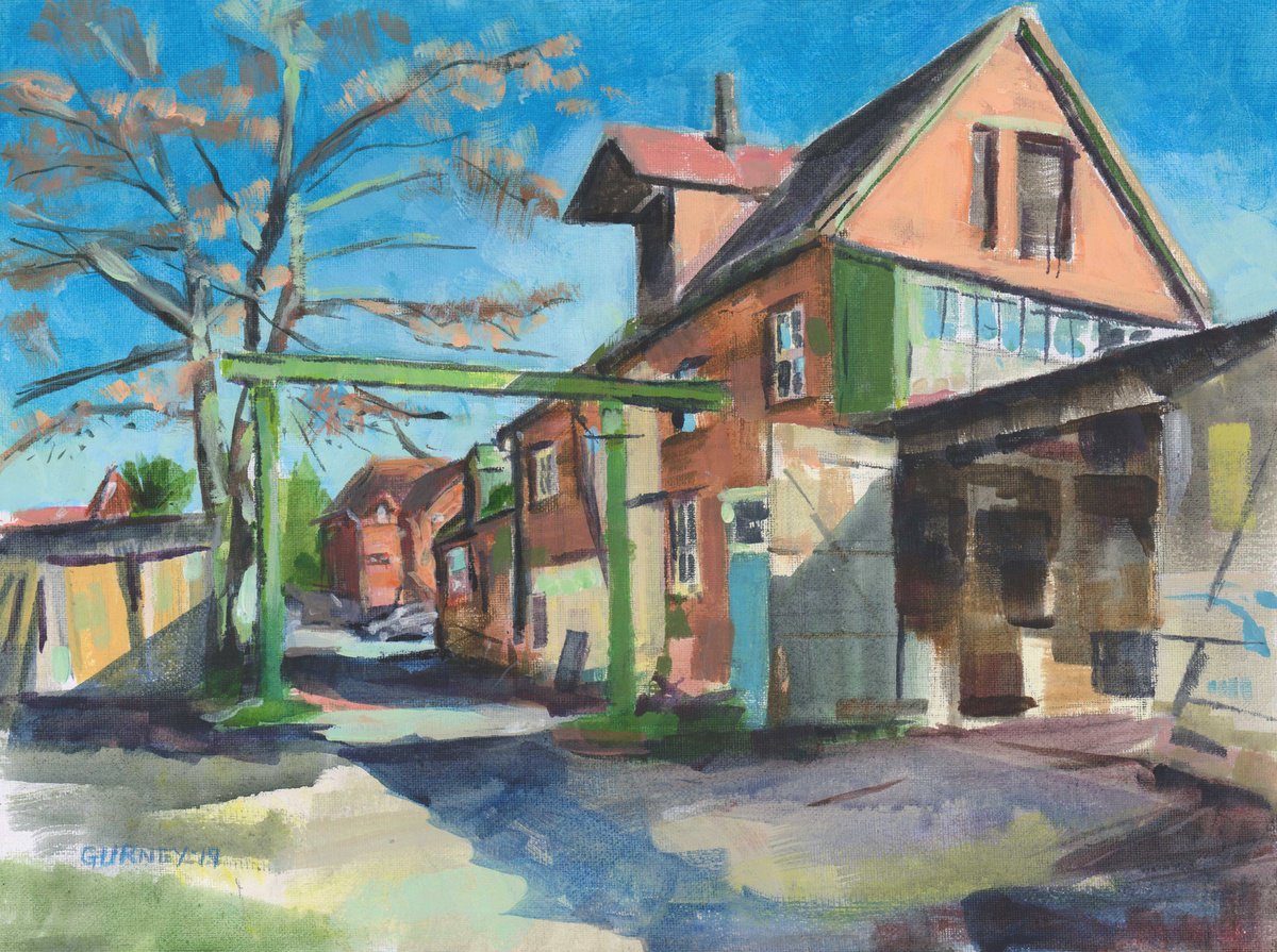 Impressionistic Cityscapes Acrylic Painting By Paul Gurney, 16 X 12", Duncans Garage, Original Artwork