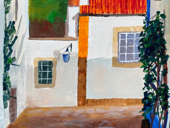 Portugal Original Gouache Painting, Europe Wall Art, Obidos Street Artwork, Travel Gift, Mediterranean Home Decor