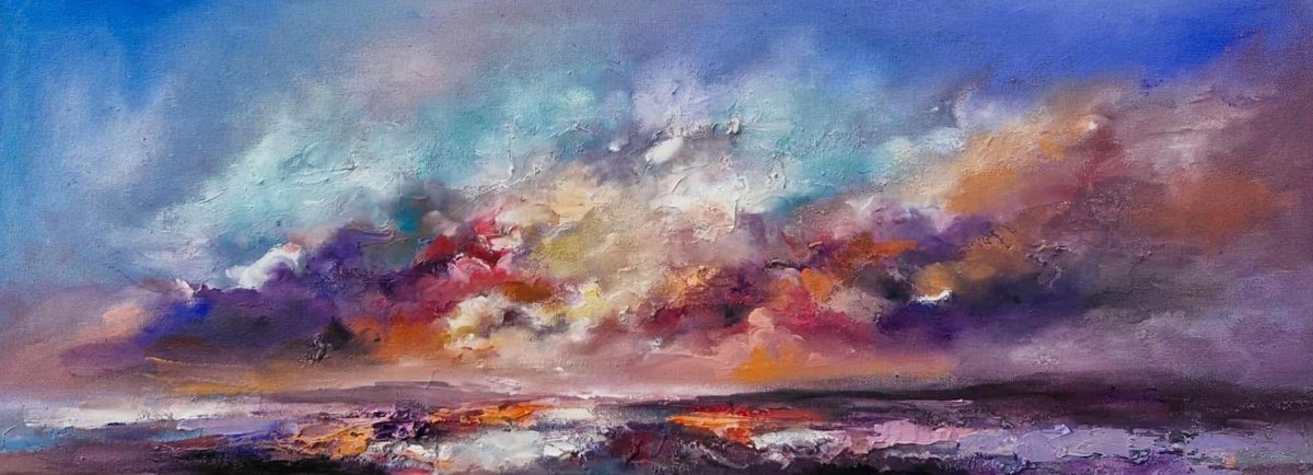 Abstract Landscape Oil Painting By Anna Schofield, 31 X 12, Infinitive Skies, Original Artwork