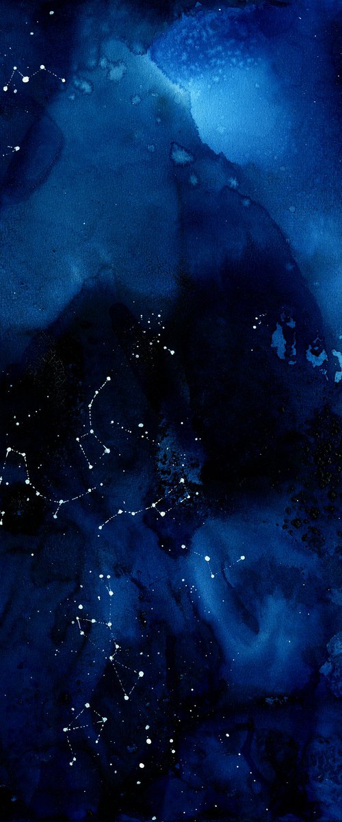 "Depth of Space" abstract dark blue watercolour with white dots constellations by Ksenia Selianko