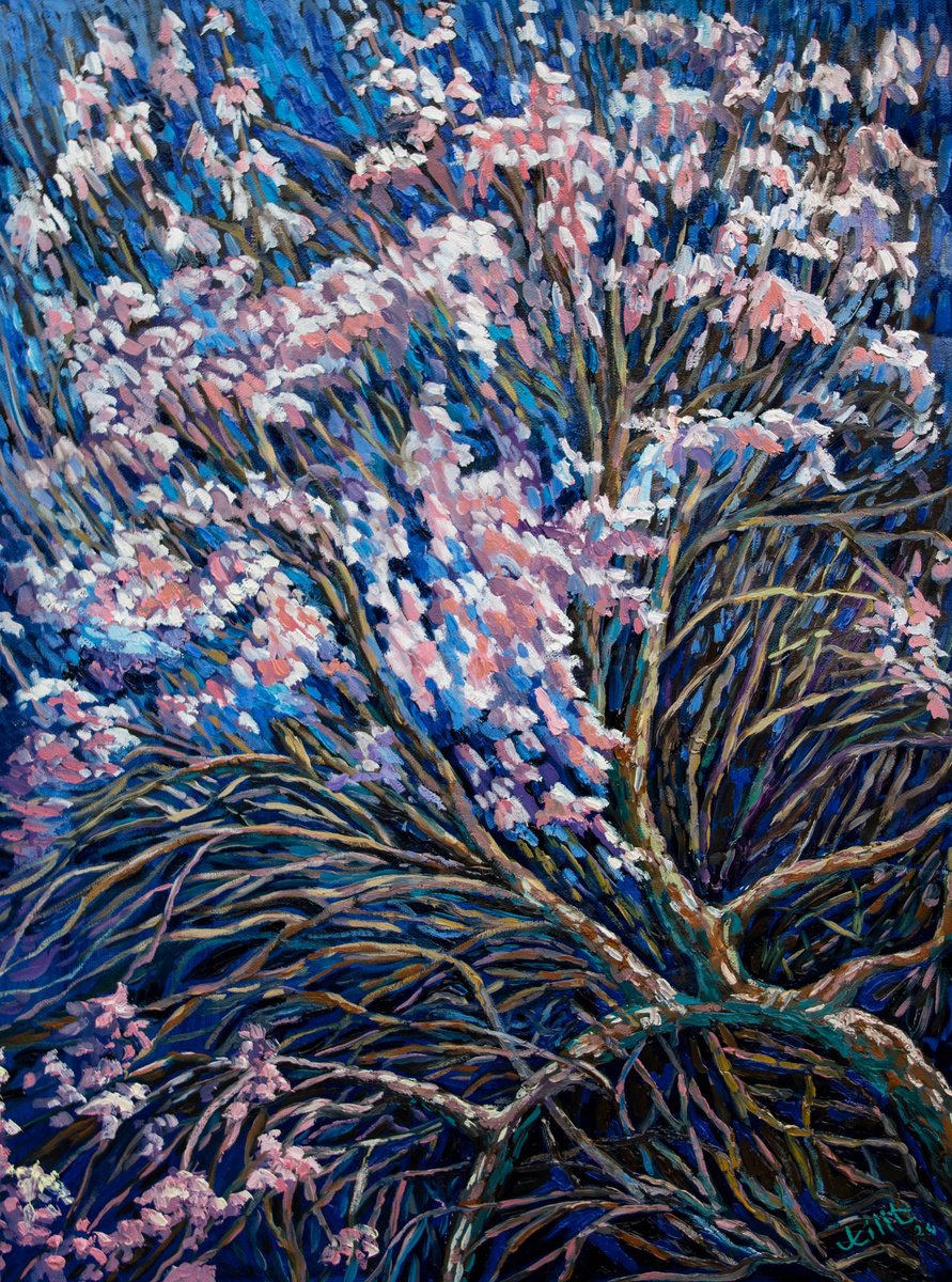 Impressionistic Landscape Oil Painting By Lilit Vardanyan, 20 X 28", Blooming Night, Original Artwork