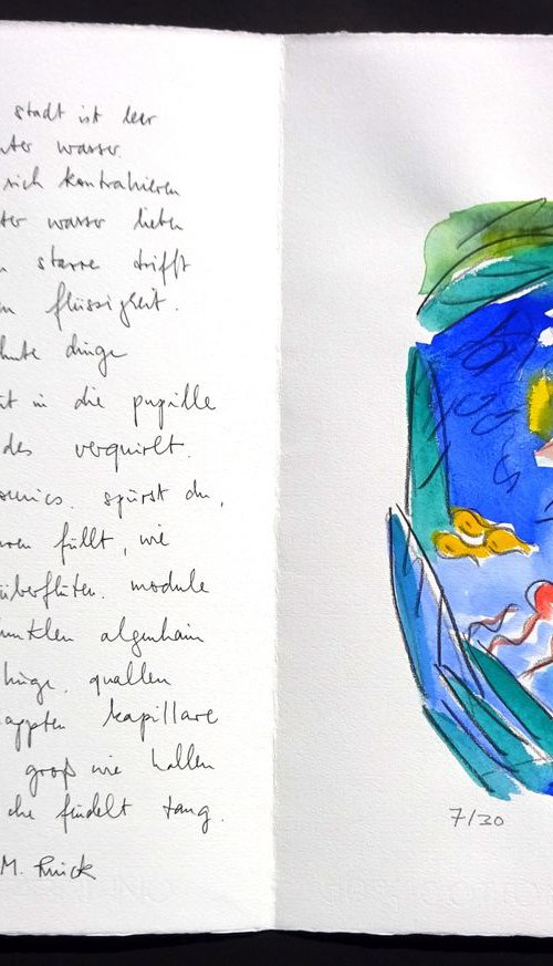 Monika Rinck: City under water, Variant 7 - handwritten poem and original gouache by Volker Mayr