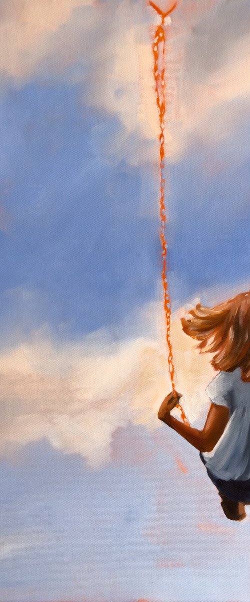 Childhood - Small Girl on Swing Cloud Sky Painting Painting by Daria Gerasimova