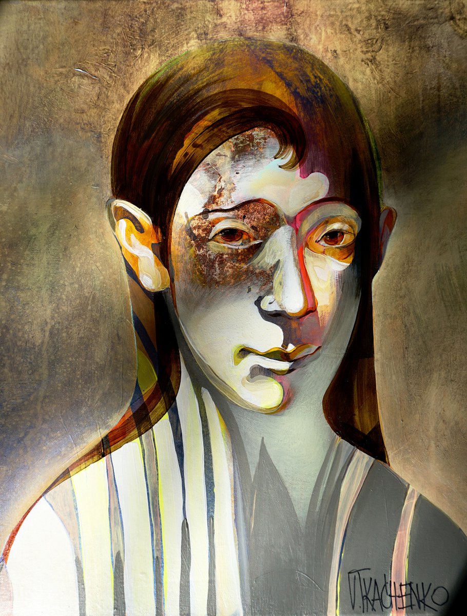 Organic Portrait Acrylic Painting By Victor Tkachenko, 16 X 20", Striped, Original Artwork