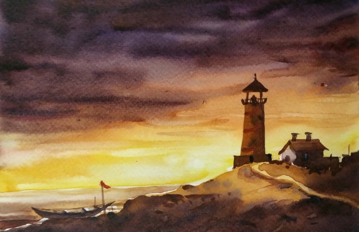 Impressionistic Landscape Watercolour By Samiran Sarkar, 8 X 6", Lighthouse At Cloudy Sunset, Original Artwork
