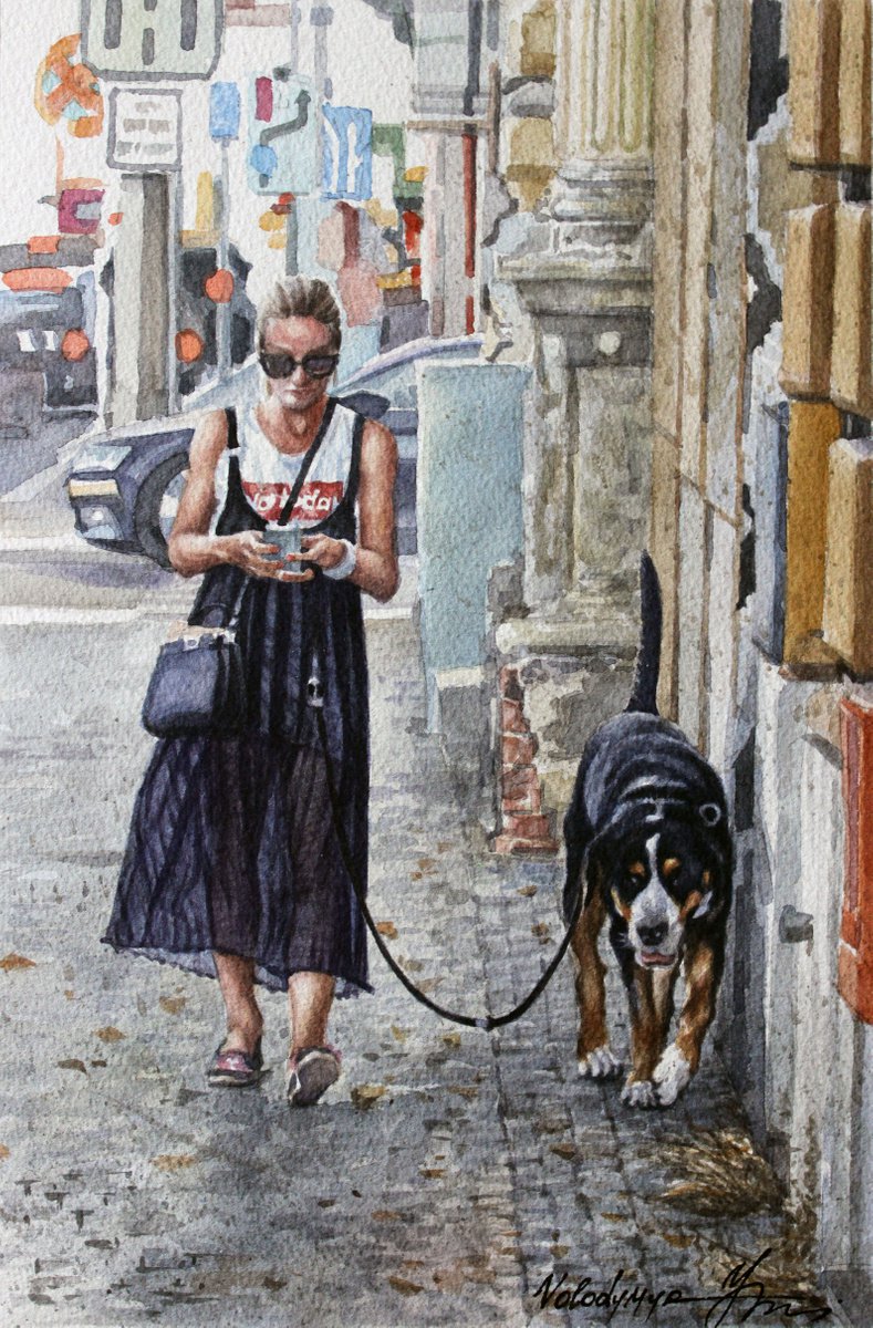 Cityscapes Watercolour By Volodymyr Melnychuk, 7 X 11", Walk Together-2, Original Artwork