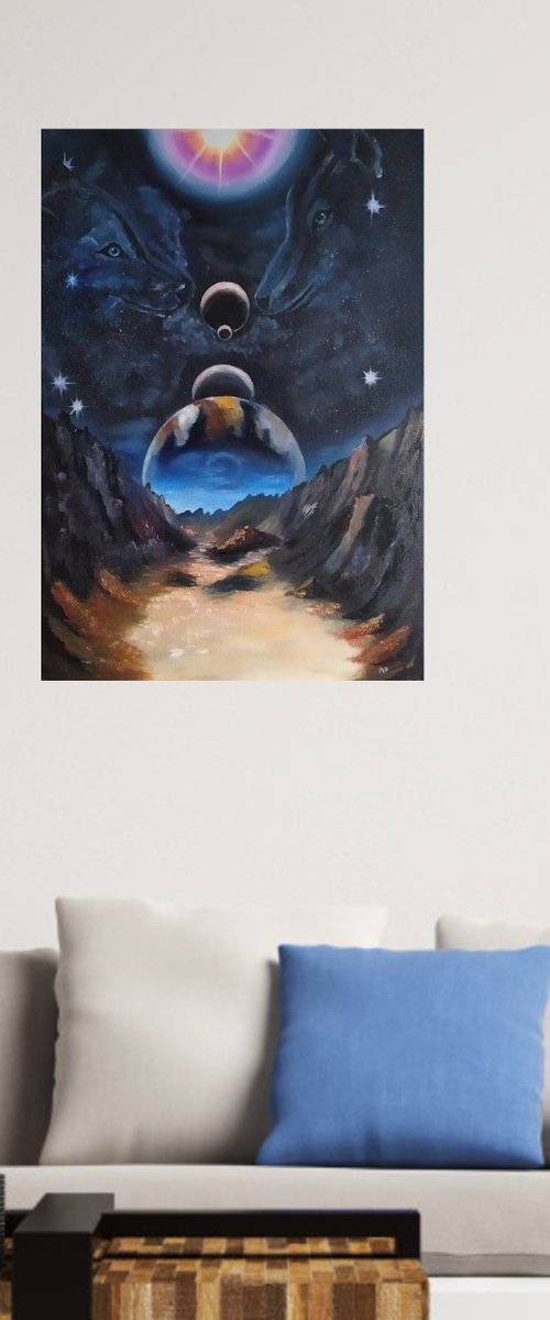 Two of us, original surreal wolf, planets oil painting, gift idea, bedroom painting by Nataliia Plakhotnyk