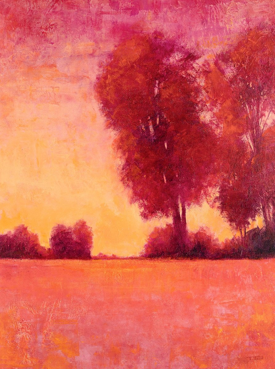 Impressionistic Landscape Oil Painting By Don Bishop, 12 X 16, Pink Sunset 240806, Original Artwork