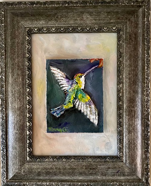 Hovering Hummingbird Original Oil painting 5x7 on gessoed panel board by Mary Gullette