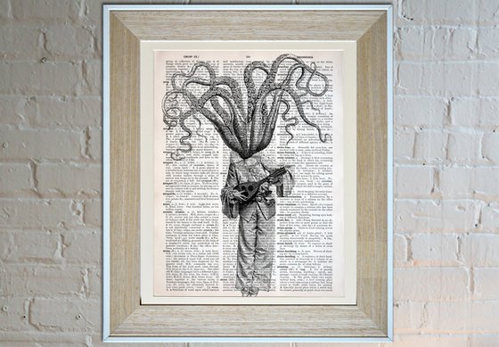 Octopus Pierrot - Collage Art Print on Large Real English Dictionary Vintage Book Page