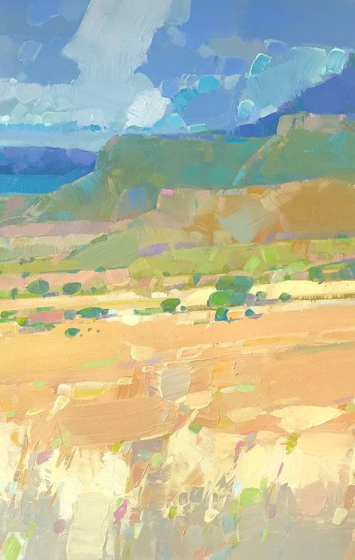 Wheatfield and Mountains, Original oil painting, One of a kind Signed by Vahe Yeremyan
