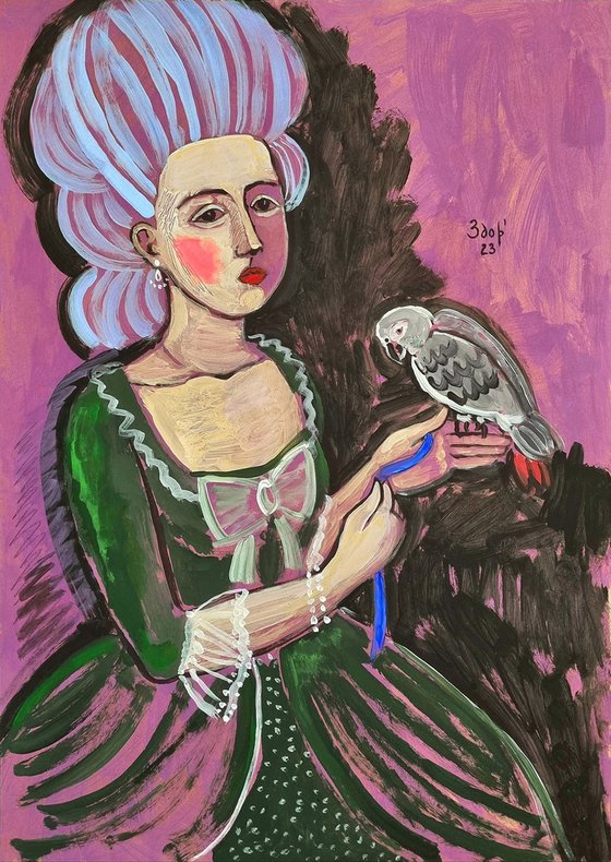 Girl with a grey parrot
