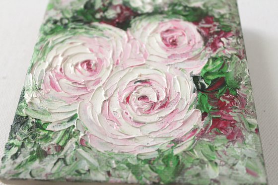 Roses - Pinkish white roses - Palette knife - textured oil painting on mini canvas and easel - gift art