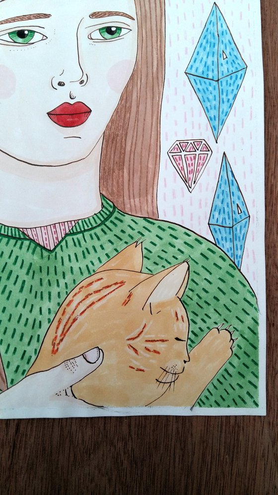 Gemstones and Cat - Mixed-media