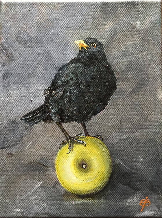 Black bird with apple