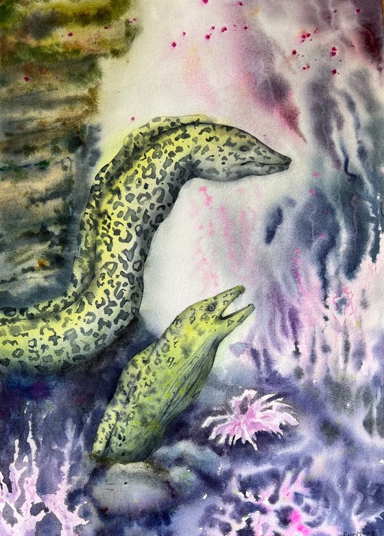 Moray eels in a coral reef. Underwater wildlife. Original watercolor.