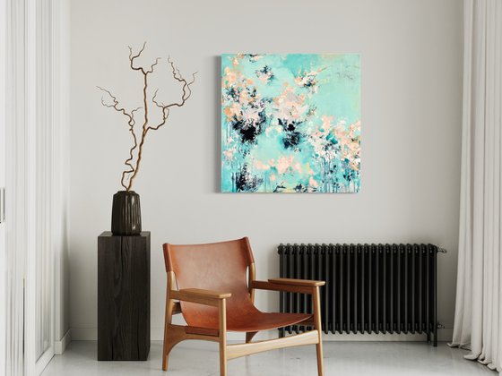 JOYFUL DAY - 70 x70 CM - ASTRACT PAINTING ON CANVAS * BRIGHT GREEN * TURQUOISE * SOFT PINK