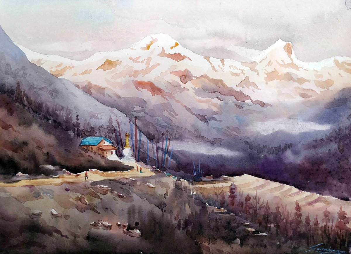 Impressionistic Landscape Watercolour By Samiran Sarkar, 15 X 11", Beauty Of Morning Himalaya, Original Artwork