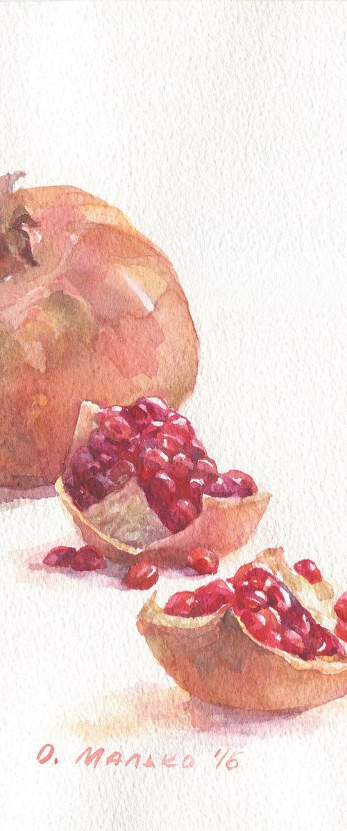 Garnet. Fruit still life Kitchen painting Bright watercolor by Olha Malko