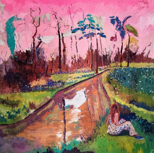Contemporary dreamy french landscape with a river 'Under a Pink Sky' by Linda Clerget