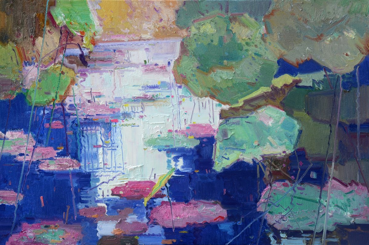 Impressionistic Landscape Oil Painting By Jianzhe Chon, 35 X 24, Waterlilies In Pond 211, Original Artwork