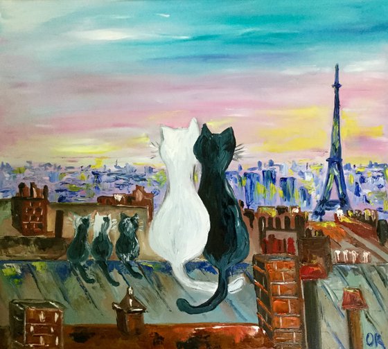 Cats in Paris. Travel to Paris, Parisian roofs , romantic nights, spring time, morning , sunrise