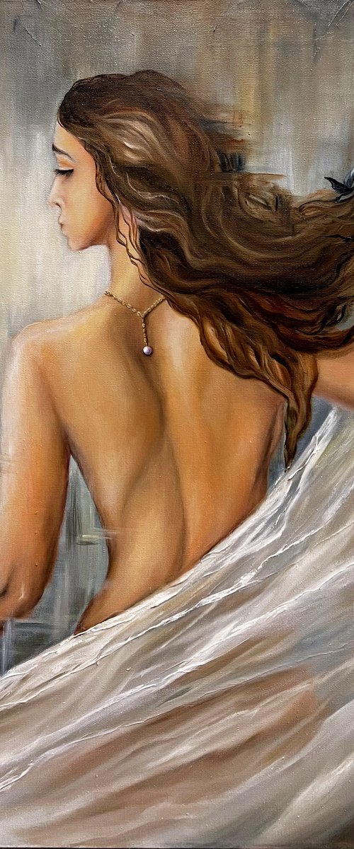 Madonna veil, veil painting, painting of a girl, girl's back, girl with long hair, painting of birds, metaphorical painting, painting about personal boundaries by Natalie Demina