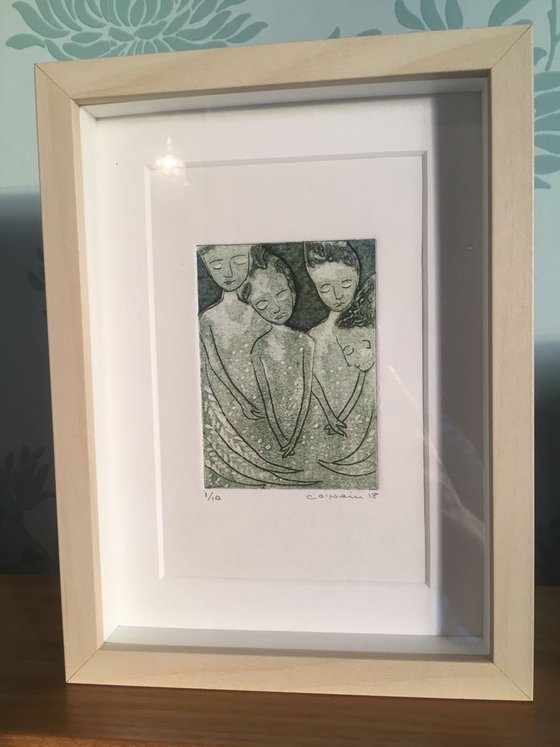 Angels   Collagraph   printed in green FRAMED  GIFT IDEA