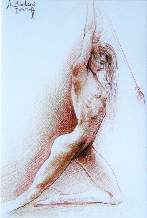 Woman with a spear / Sanguine & sepia by Alexandre Barbera-Ivanoff