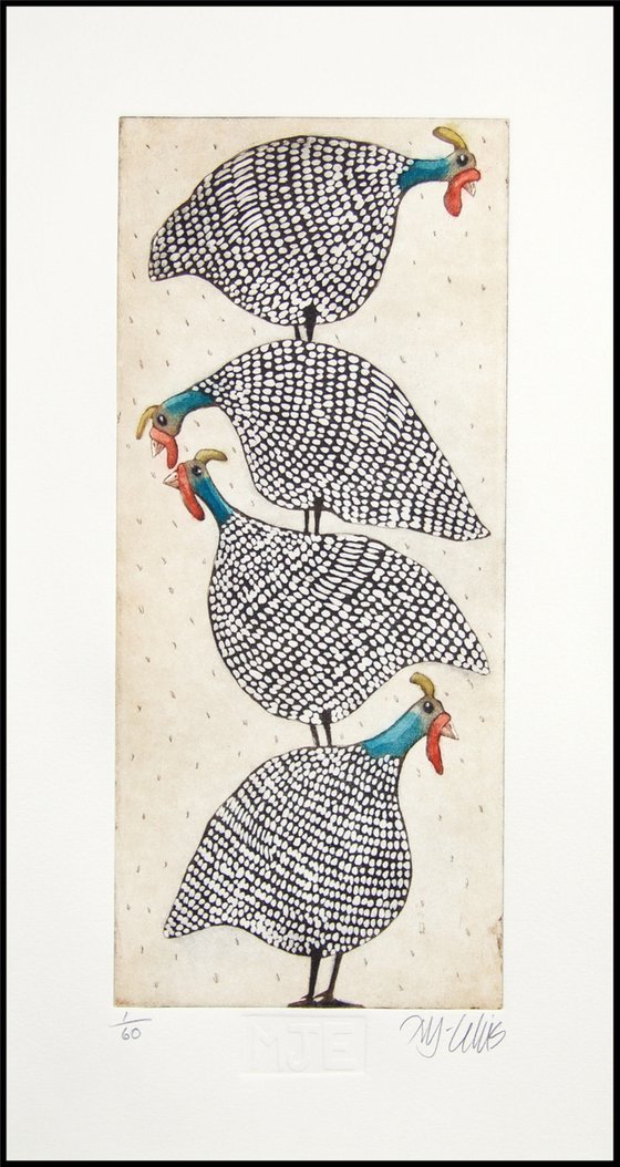 a stack of Guinea Hens, aquatint etching,